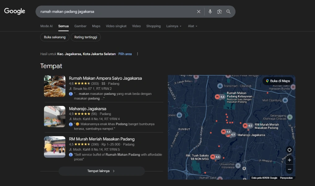 Screenshot Google Maps 3-pack — tiga bisnis teratas mendapat mayoritas pelanggan baru dari pencarian lokal