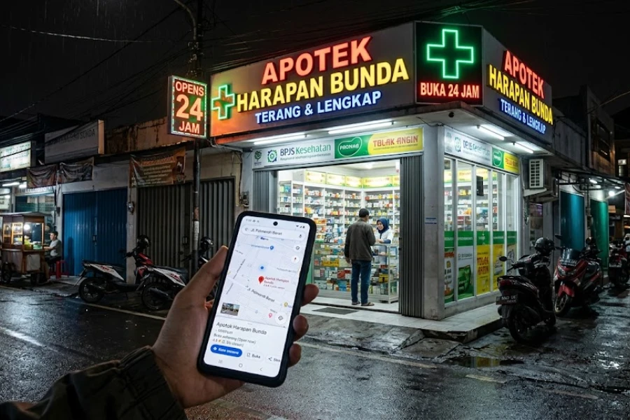 Apotek lokal yang tampil di posisi teratas Google Maps dengan jam operasional lengkap saat pencarian malam hari