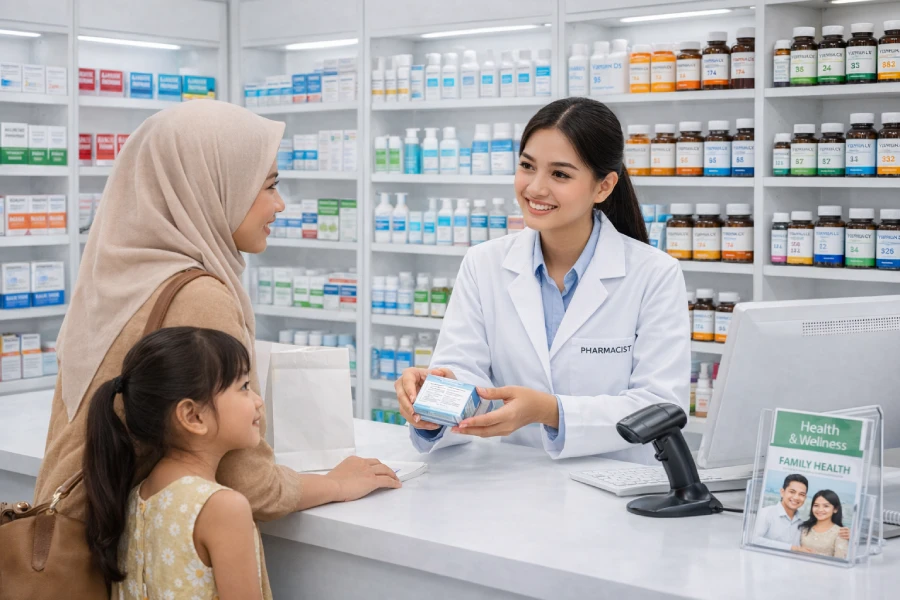 Apoteker melayani pelanggan di apotek dengan interior tertata rapi dan rak obat lengkap
