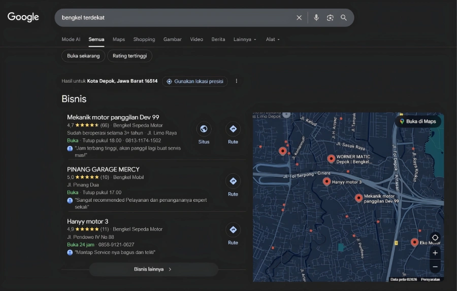 Calon pelanggan mencari bengkel terdekat di Google Maps