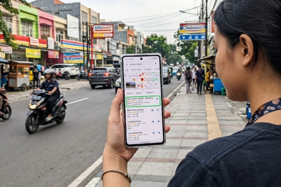 Pelanggan mencari laundry terdekat di Google Maps menggunakan ponsel