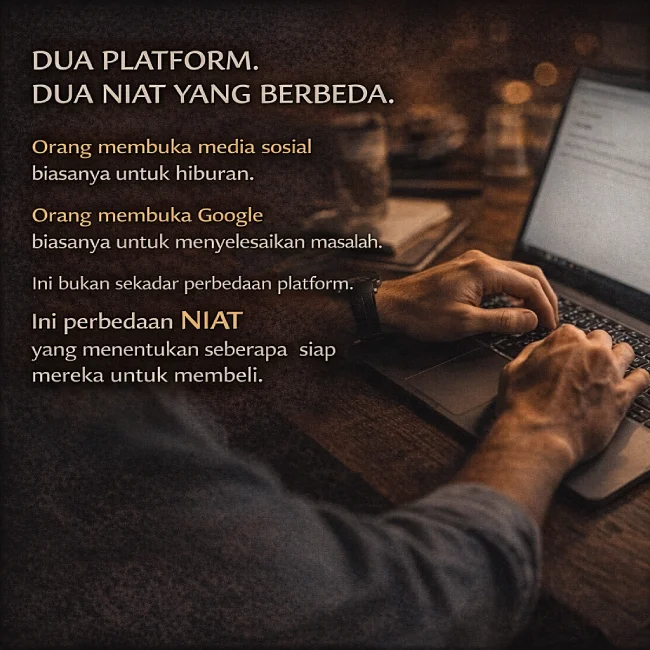 Dua platform, dua niat berbeda — media sosial hiburan vs Google mencari solusi