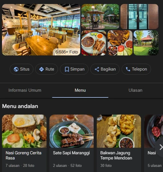 Contoh profil Google Business Profile restoran yang lengkap dengan foto makanan menarik, jam operasional jelas, dan menu terisi