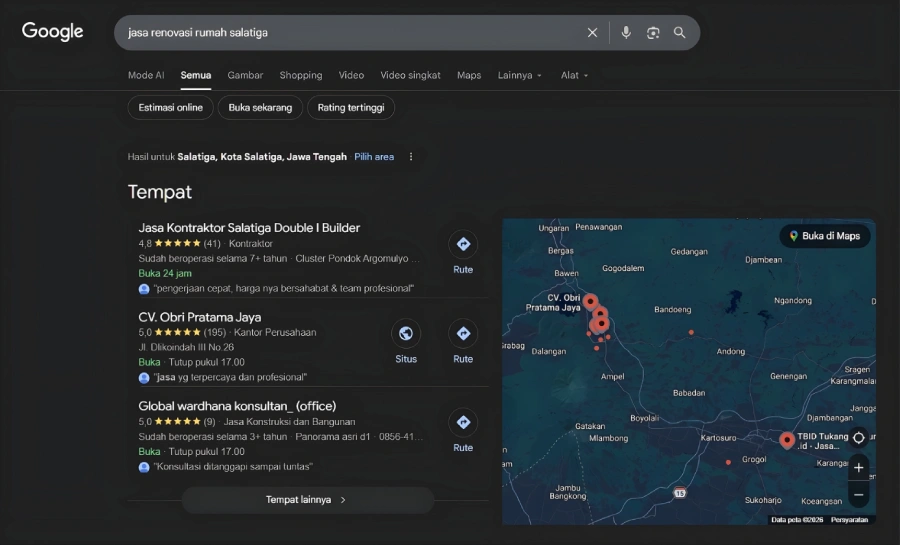 Jasa renovasi rumah yang ditemukan lewat Google Maps oleh calon klien