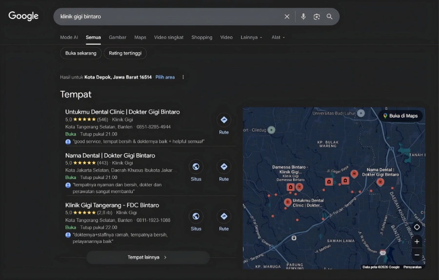 Klinik gigi di Bintaro yang muncul di Google Maps setelah dioptimasi