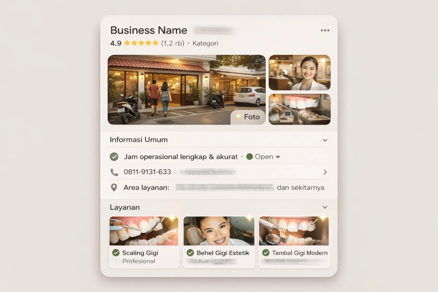 Ilustrasi profil Google Business Profile yang lengkap dan dioptimasi — menampilkan foto, jam buka, kategori, dan daftar layanan