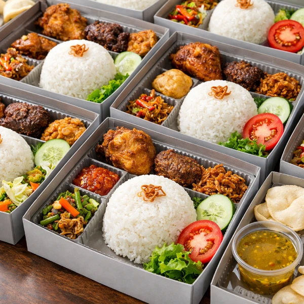 Makanan catering nasi box siap delivery yang ditampilkan di profil Google Maps usaha catering lokal