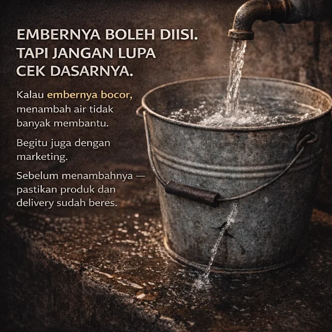 Metafora ember bocor — marketing adalah air, produk adalah embernya