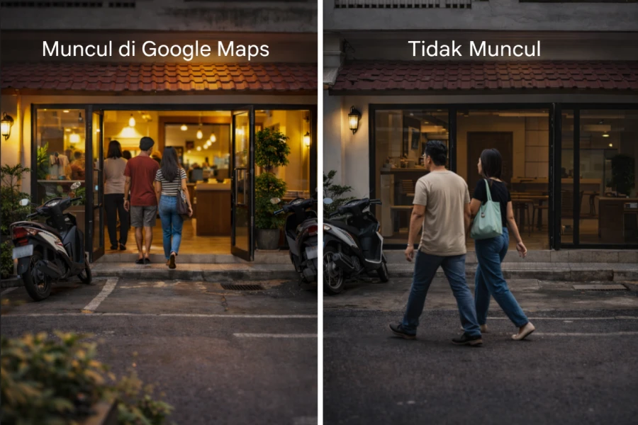 Perbandingan bisnis yang muncul di Google Maps dan yang tidak muncul — pembeli pergi ke kompetitor setiap hari