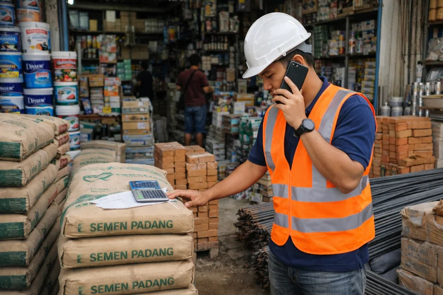 Tukang atau pembeli material bangunan menelepon toko untuk cek stok sebelum datang