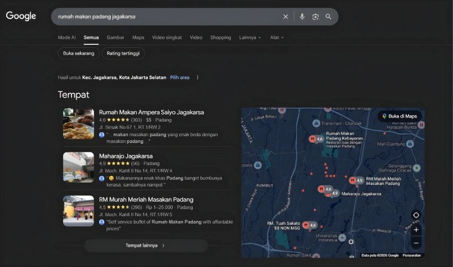 Rumah makan padang di Jagakarsa yang tampil di Google Maps setelah dioptimasi