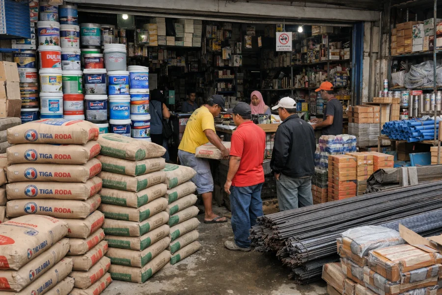 Toko material bangunan dengan stok semen dan besi yang lengkap — tampilan yang membangun kepercayaan di profil Google Maps