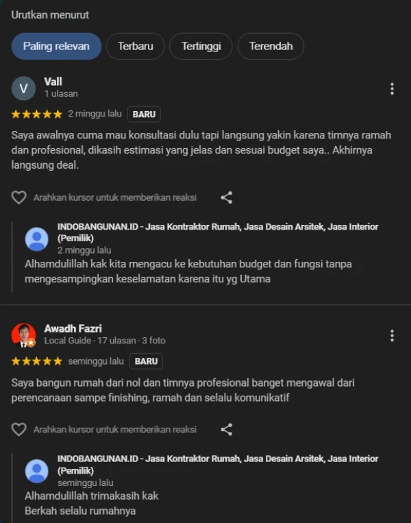 Contoh review detail pelanggan dan respons profesional kontraktor di Google Business Profile