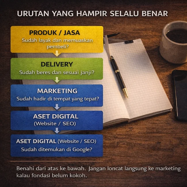 Alur yang benar — Produk, Delivery, Marketing, Aset Digital